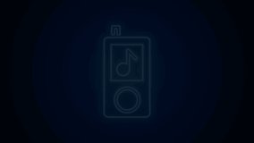 Glowing neon line Music player icon isolated on black background. Portable music device. 4K Video motion graphic animation.