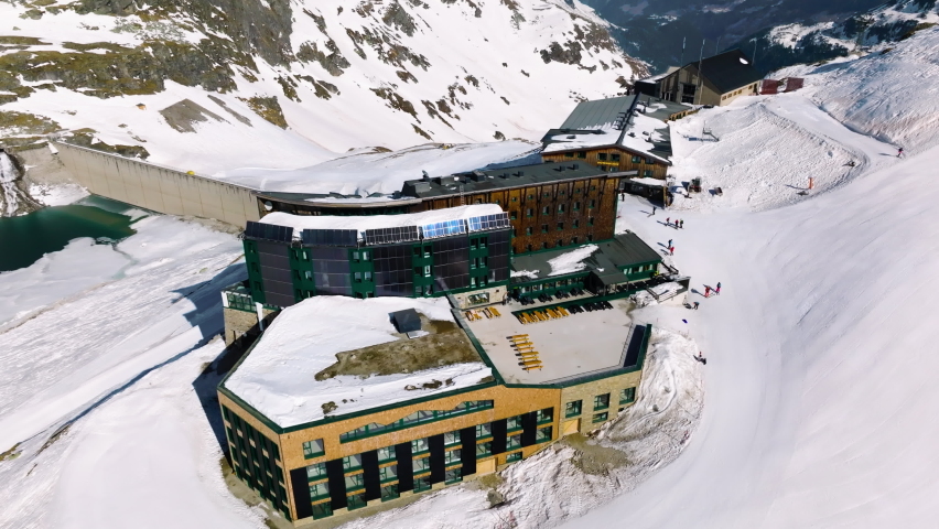 Aerial view of Rudolfshütte at the Weißsee, Austria in winter.