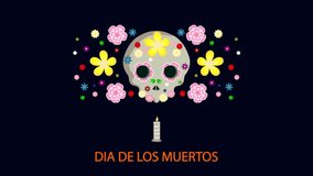 DIA DE LOS MUERTOS day dead skull with flowers, art video illustration.