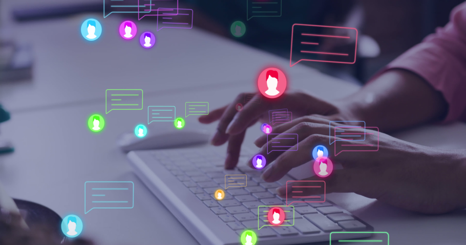 Animation of chat message icons over hands of woman using computer keyboard. Global communication network, digital interface, business and social media concept digitally generated video.