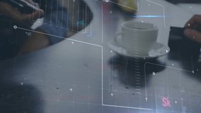 Animation of data processing over hand of customer making contactless payment in coffee shop. Global communication network, digital interface and business concept digitally generated video.