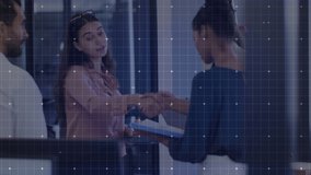Animation of grid processing data over two diverse businesswomen shaking hands at office meeting. Global communication network, digital interface and business data concept digitally generated video. - Powered by Shutterstock - Get 15% off with code: PIKWIZARD15