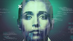 Animation of digital portrait of caucasian woman over data processing on green lined screen. Future technology, communication and digital interface concept digitally generated video. - Powered by Shutterstock - Get 15% off with code: PIKWIZARD15