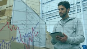 Animation of financial data processing over caucasian of warehouse worker. Global financial data processing concept digital generated video. - Powered by Shutterstock - Get 15% off with code: PIKWIZARD15