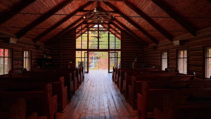 Interior view of the Hope Wilderness Chapel in Dogwood Canyon Nature Park Missouri
