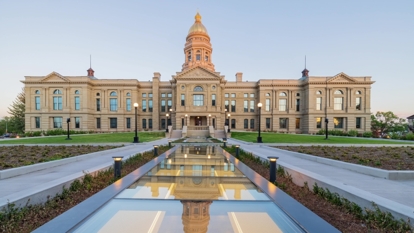 Sunset to night time lapse of the beautiful Wyoming State capitol building at Wyoming