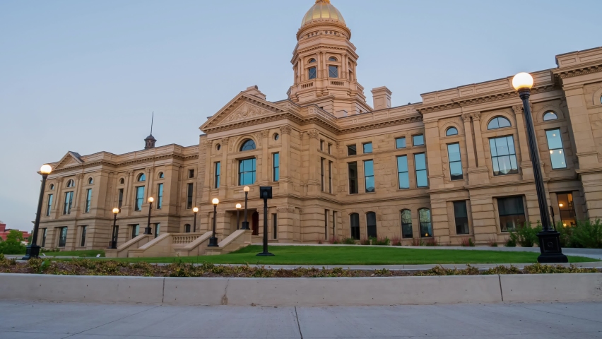 Sunset to night time lapse of the beautiful Wyoming State capitol building at Wyoming