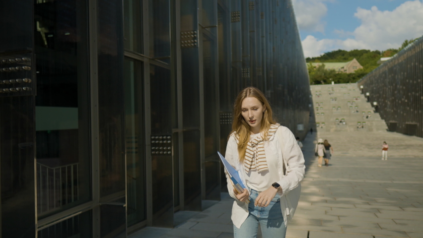 Caucasian Female Student In A Hurry Looked At Her Watch Then Run To Her Class - Late For Class Concept. - medium Royalty-Free Stock Footage #1096708319