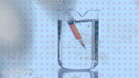 Animation of triangles, math equations, syringe falling in water filled glass beaker. Digital composite, multiple exposure, laboratory, research, scientific experiment, physics and chemistry. - Powered by Shutterstock - Get 15% off with code: PIKWIZARD15