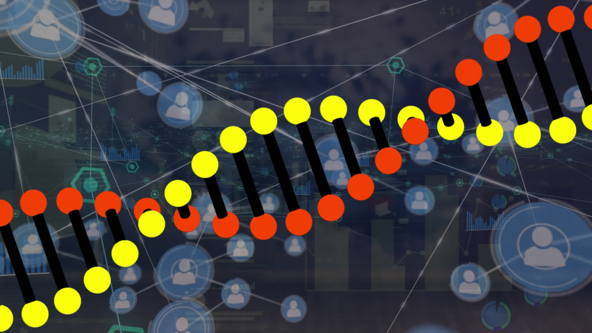 Animation of rotating dna helix over icons connected with lines over infographic interface. Digitally generated, hologram, report, finance, genetic, medical, communication and technology concept. - Powered by Shutterstock - Get 15% off with code: PIKWIZARD15