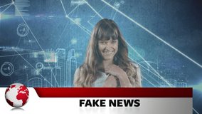 Animation of happy caucasian woman over fake news text, globe, connected icons, 3d city. Digital composite, multiple exposure, fraud, scam, skyscrapers, communication and technology concept. - Powered by Shutterstock - Get 15% off with code: PIKWIZARD15