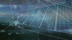 Animation of graph icons, database and dots connected with lines over solar panels in background. Digitally generated, hologram, renewable electricity, report, finance communication, technology. - Powered by Shutterstock - Get 15% off with code: PIKWIZARD15