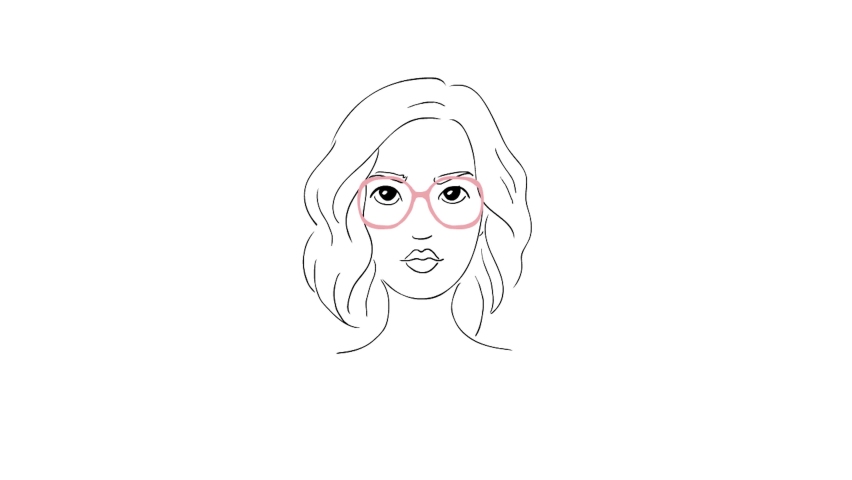 Girl and glasses. Drawn drawing. Various eyeglass frames. Vision correction. Fashion accessory. Face type. Point selection. Optics. Score. Business woman. White background.