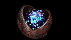 Realistic looping 3D animation of the abstract morphing liquid iridescent pearly metal spiky sphere inside of two weathered rusty aged hemispheres rendered in UHD with alpha matte - Powered by Shutterstock - Get 15% off with code: PIKWIZARD15