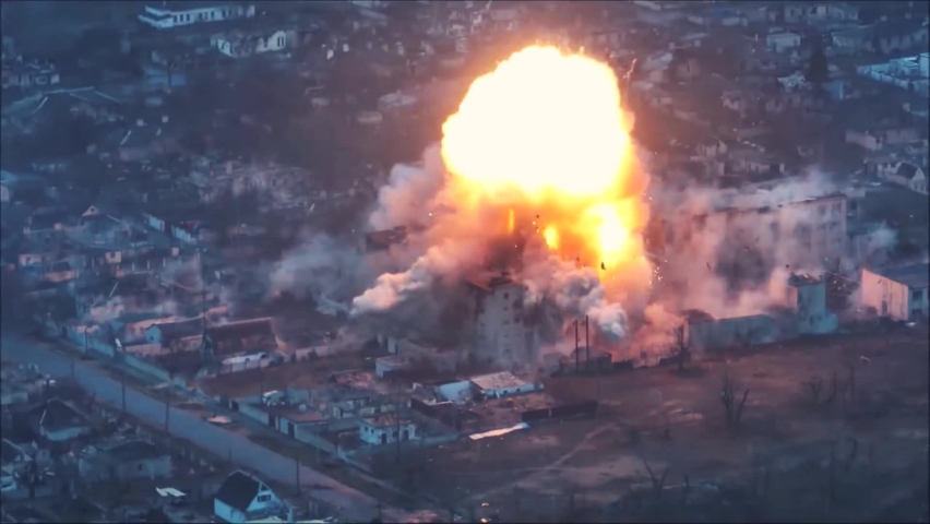 Missile blew up the house. Huge explosion of building. Mariupol war footage.