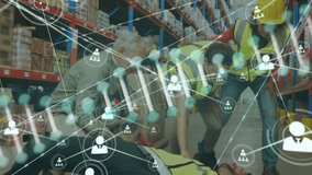 Animation of dna helix, connected icons, diverse workers assisting unconscious man in warehouse. Digital composite, multiple exposure, genetic, medical, distribution and technology concept. - Powered by Shutterstock - Get 15% off with code: PIKWIZARD15