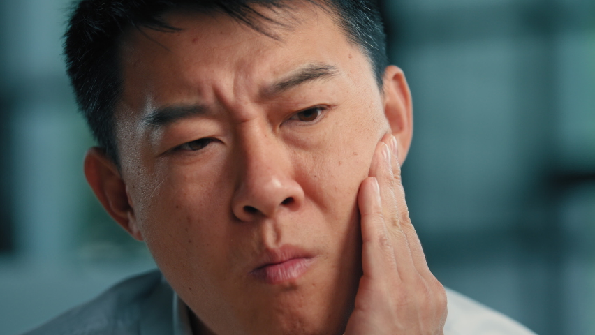 Asian man professional employee feel dental pain discomfort suffer from toothache sick stressful korean japanese senior adult businessman has caries problem with teeth oral disease unwell illnesses | Shutterstock HD Video #1096722133