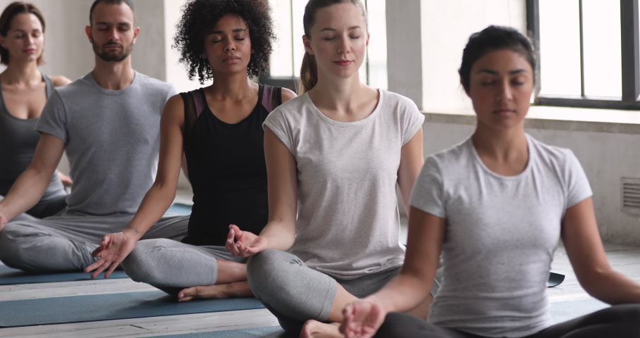 A girls and guys closed eyes breathing seated cross-legged on mats in row during yoga class practising meditation enhancing self-awareness, resting after work out, wellness lifestyle concept Royalty-Free Stock Footage #1096722251