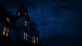 Lightning Strikes Above Gothic Mansion With Lights On - Powered by Shutterstock - Get 15% off with code: PIKWIZARD15