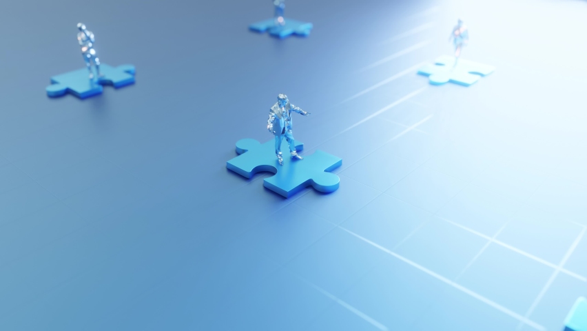low poly person standing on jigsaw, puzzles moving together, glowing edge puzzles, blue background Royalty-Free Stock Footage #1096723023