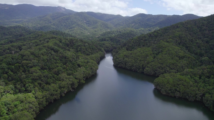 Lake Morris - Fresh Water Reservoir Dam In Cairns, North Queensland, Australia - aerial drone shot