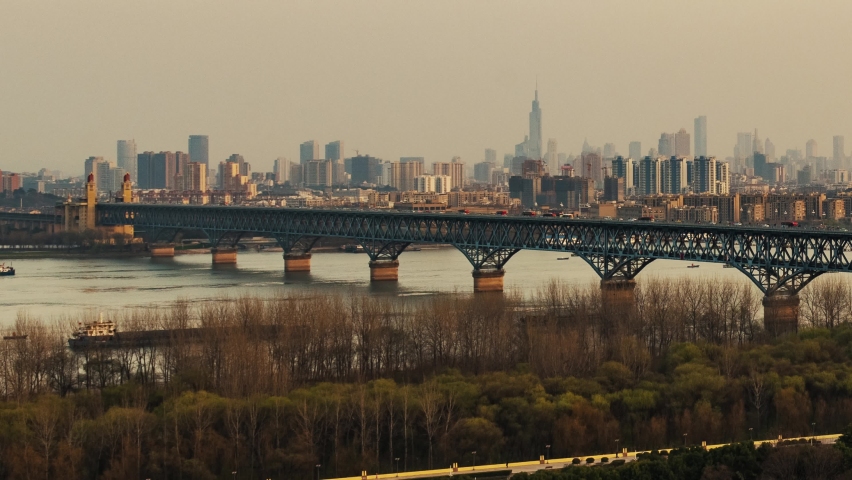 Yangtze River Bridge timelapse view of Nanjing city in Jiangsu, China