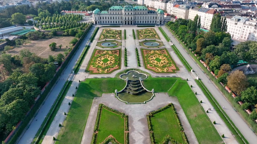 Vienna: Aerial drone view of capital of Austria, popular tourist attraction, Belvedere Castle (Schloss Belvedere) - Europe landscape panorama from above | Shutterstock HD Video #1096726615