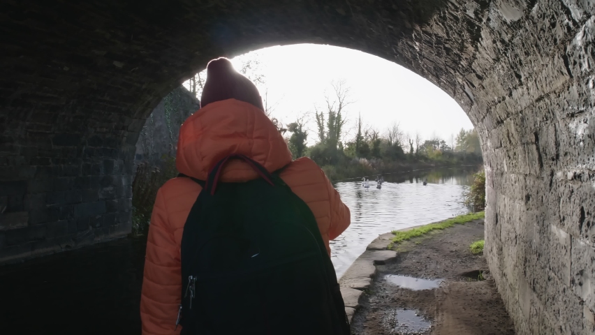 Rear view of female tourist takes photo of group of swans by mobile phone in woollen hat . Autumn background. Sun flare Ireland . Europe