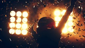 Silhouette of race car driver celebrating the win in a race against bright stadium lights. 100 FPS slow motion shot - Powered by Shutterstock - Get 15% off with code: PIKWIZARD15