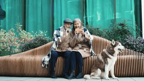 Lovely couple of mature grey-haired beautiful woman sitting on bench with retired elderly bearded fashionable man using smartphone video calling talking. Cheerful family with nice husky dog.