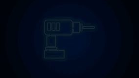 Glowing neon line Electric drill machine icon isolated on black background. Repair tool. 4K Video motion graphic animation.