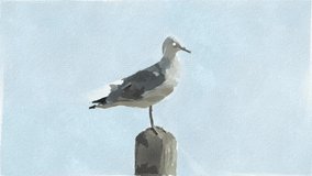 A watercolor art animation video of a seagull resting on a wooden pole. Animation, rotoscope, animal world, beautiful bird, watercolor painting	