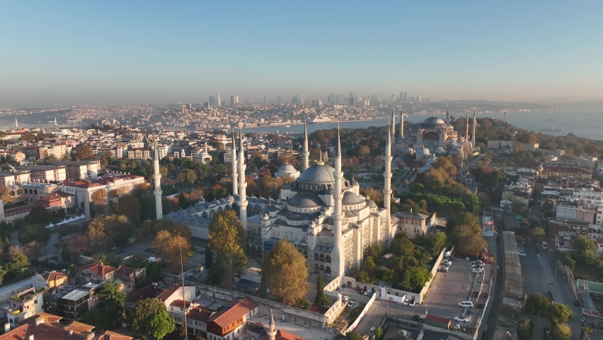 Aerial view of Hagia Sophia mosque and Istanbul. General view of Istanbul from the air Royalty-Free Stock Footage #1096737215
