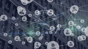 The video features a globe floating over a network of connections, with data being processed in the background. the video then zooms on an office building, symbolizing the global reach of technology. - Powered by Shutterstock - Get 15% off with code: PIKWIZARD15