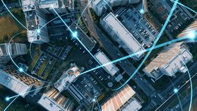 Modern city aerial view and communication network concept. Smart city. Wireless telecommunication. - Powered by Shutterstock - Get 15% off with code: PIKWIZARD15