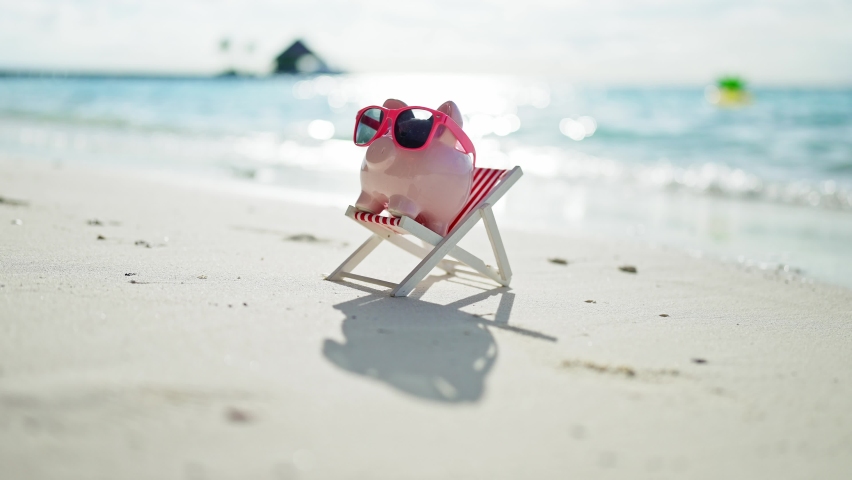 Pink Piggy Bank Object On Vacation At Beach Royalty-Free Stock Footage #1096747221