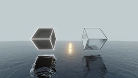 Black and White mirror cubes with neon glowing edges floating on a dark water surface. Abstract 3d animation with simple geometric shape. - Powered by Shutterstock - Get 15% off with code: PIKWIZARD15