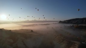Foggy Sunrise in the Cappadocia Drone Video, Goreme National Park Cappadocia, Nevsehir Turkey