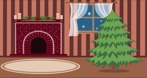Christmas home animation with fireplace, christmas tree with gifts.