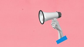 Contemporary art collage. Human hand holding megaphones and spreading fake news. Concept of information, creativity, social issues, rumors. Copy space for ad. 2d seamless motion animated footage. - Powered by Shutterstock - Get 15% off with code: PIKWIZARD15