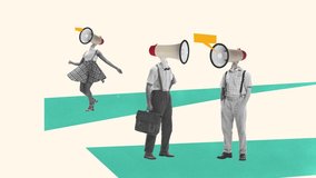Group of people with megaphones instead their heads. 2D stop motion animation. Ideas, imagination, art, surrealism. Concept of social issues, propaganda, mental health. Information broadcast. - Powered by Shutterstock - Get 15% off with code: PIKWIZARD15