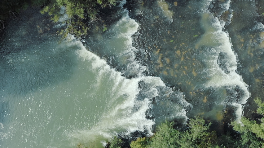 Close-up shot of mountain river with rapids surrounded by thick forest. National park in fall autumn sunny day. Clear stream running through the rocky, clean water.