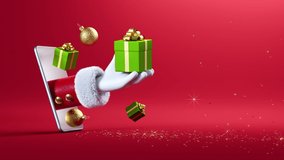 3d render. Cartoon character Santa Claus hand appears from the mobile phone screen and holds green gift box, festive ornaments levitate. Christmas animation with red background and golden confetti - Powered by Shutterstock - Get 15% off with code: PIKWIZARD15