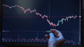 A man's hand twisting a bitcoin coin between his fingers against the background of a screen with a falling chart of the value of Cryptocurrency. Close-up. Financial crisis. Red BTC chart on exchange - Powered by Shutterstock - Get 15% off with code: PIKWIZARD15