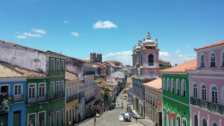 Wonderful view of Pelourinho neighborhood with its colorful houses, colonial churches and old streets. Salvador, Bahia, Brazil  Royalty-Free Stock Footage #1096768549