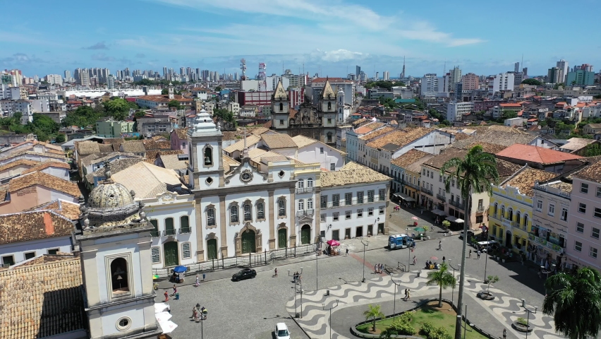 Wonderful view of Pelourinho neighborhood with its colorful houses, colonial churches and old streets. Salvador, Bahia, Brazil 
