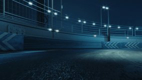 3D Animation of Fast Accelerating High Performance Electric Racing Car is Driving on Track at Night Time.