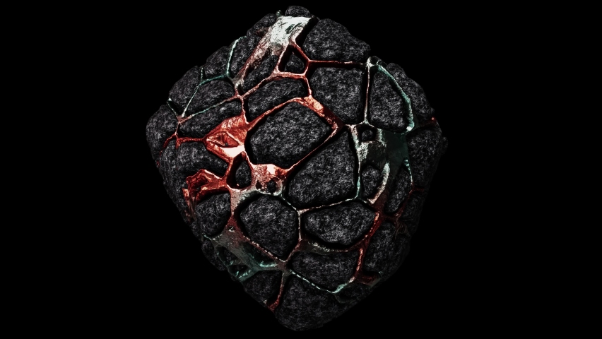 Realistic looping 3D animation of the spinning weathered aged dark granite or piece of ore with shining copper inclusions rendered in UHD with alpha matte | Shutterstock HD Video #1096772701