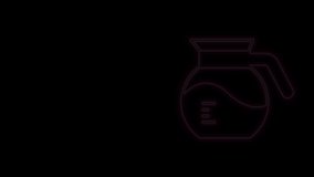 Glowing neon line Coffee pot icon isolated on black background. 4K Video motion graphic animation.