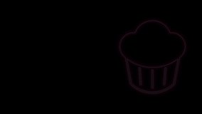 Glowing neon line Cupcake icon isolated on black background. 4K Video motion graphic animation.